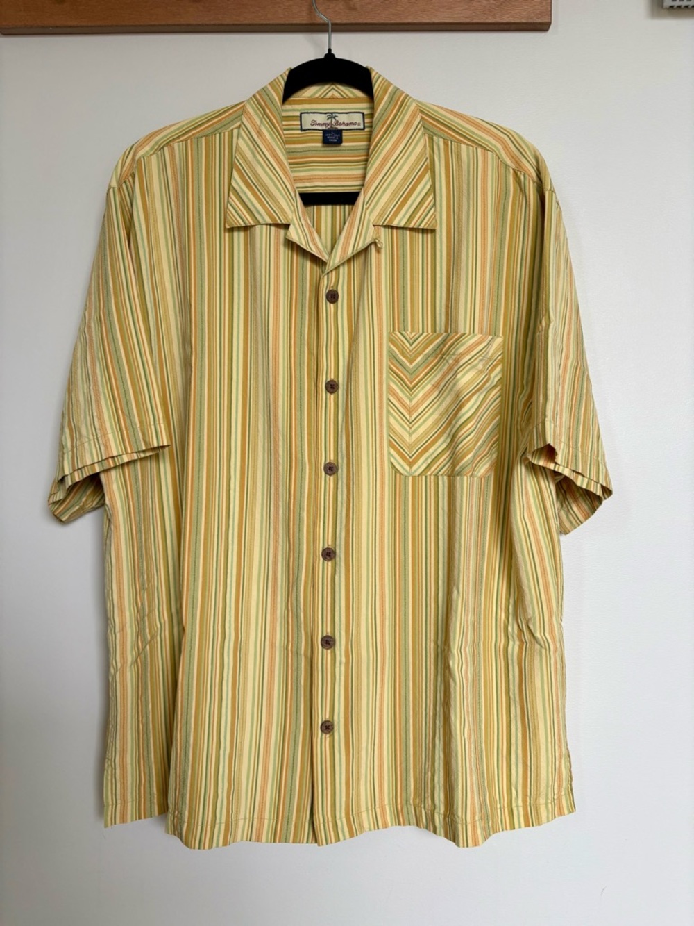 Tommy Bahama 100% Silk Camp Shirt Striped Yellow Green, Resort Dadcore Men’s L